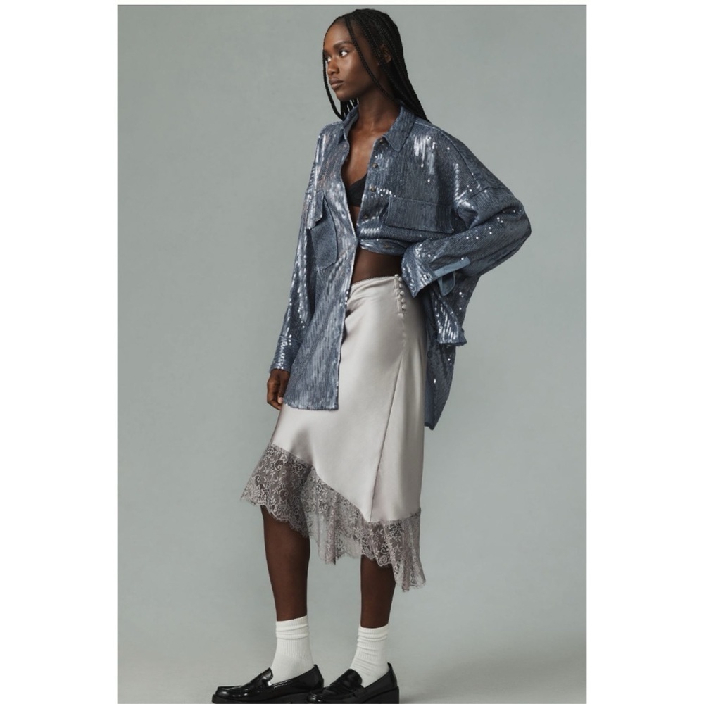 Anthropologie Pilcro Sequin Oversized Shirt Blue Button Down Top M NWT - Picture 3 of 3